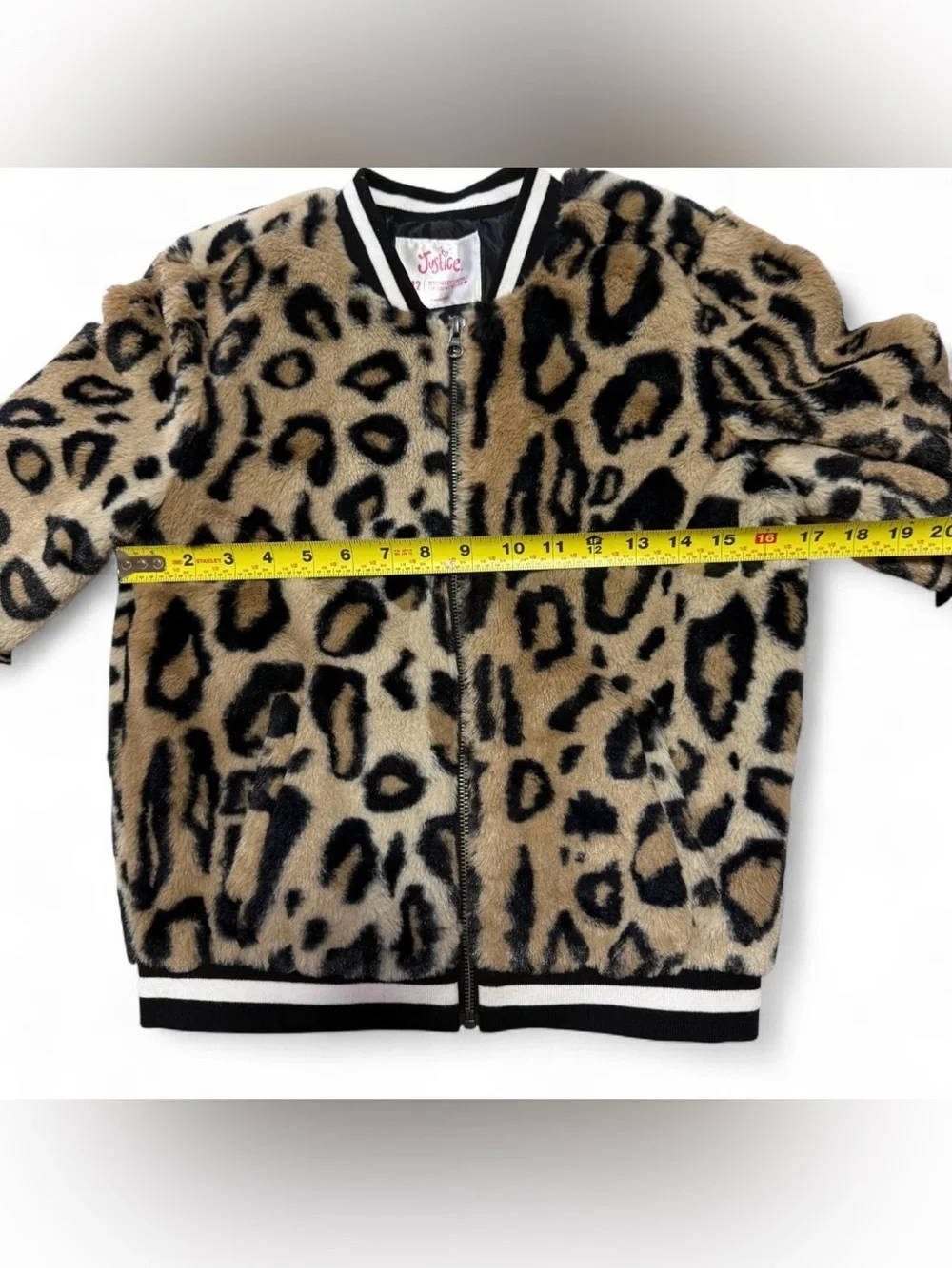 Justice Girls Size 12 Faux Fur Animal Print Zip Bomber Jacket Black Trim